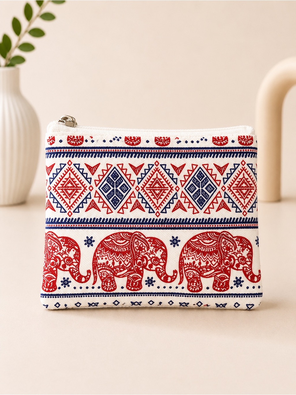 Thai Elephant Print Canvas Coin Pouch Zipper Wallet Handmade Red Navy